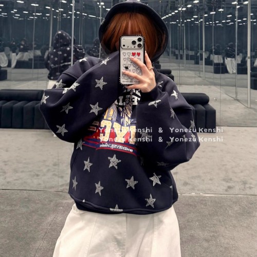 25fw ins爆火whenever越南闪粉星星秋冬加绒厚款套头连帽卫衣帽衫