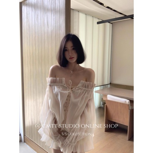 越南小众法式一字领绑带灯笼袖网纱衬衫浪漫氛围感上衣度假